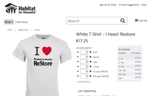 A product page for T-shirt merch featuring Habitat for Humanity