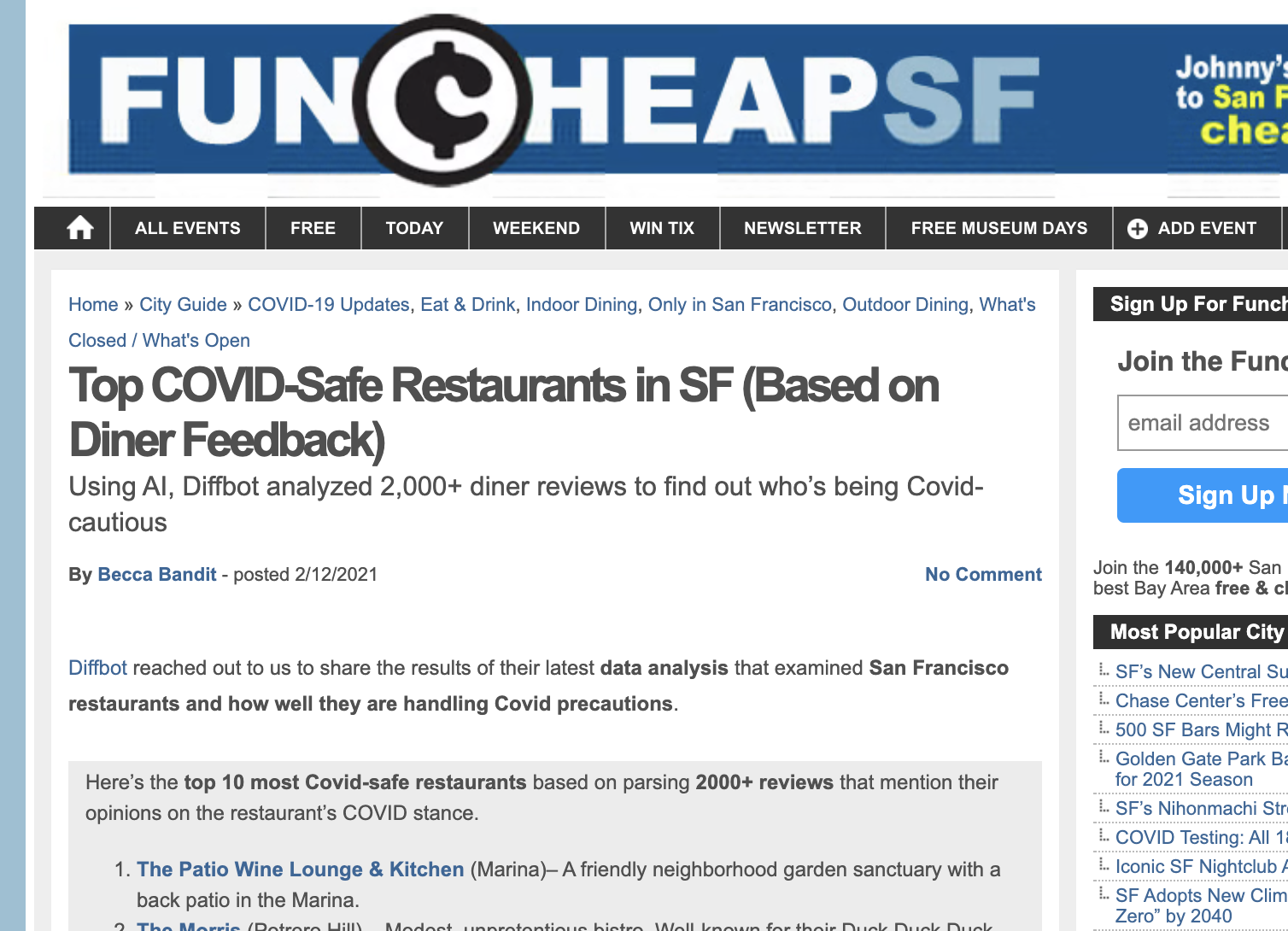 Screenshot of a blog post for the top COVID-safe restaurants in San Francisco