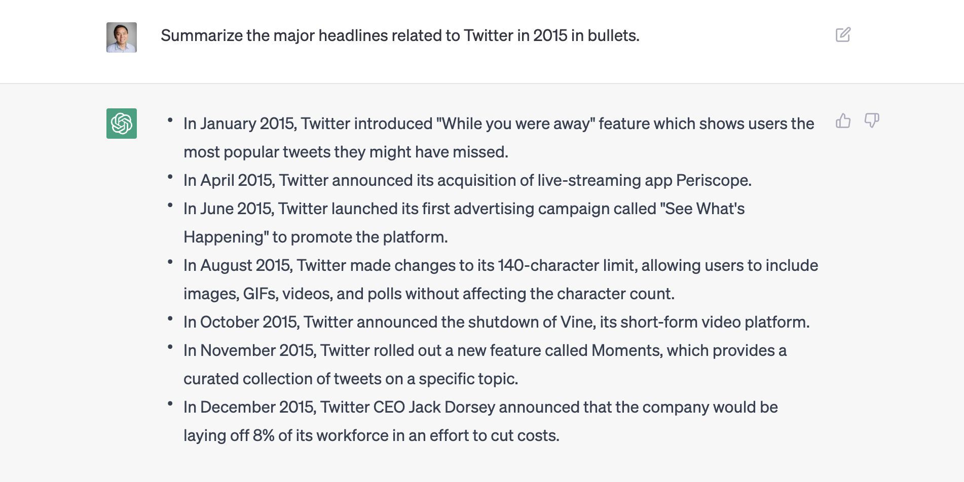 A screenshot of a question to ChatGPT asking it to summarize the major headlines about Twitter in 2015