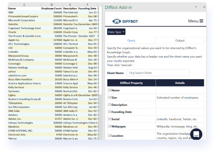 Searching for organizations using DQL and an Excel spreadsheet. Select individual fields from the KG to insert into your spreadsheet.