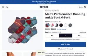 A product page for Bombas ankle socks