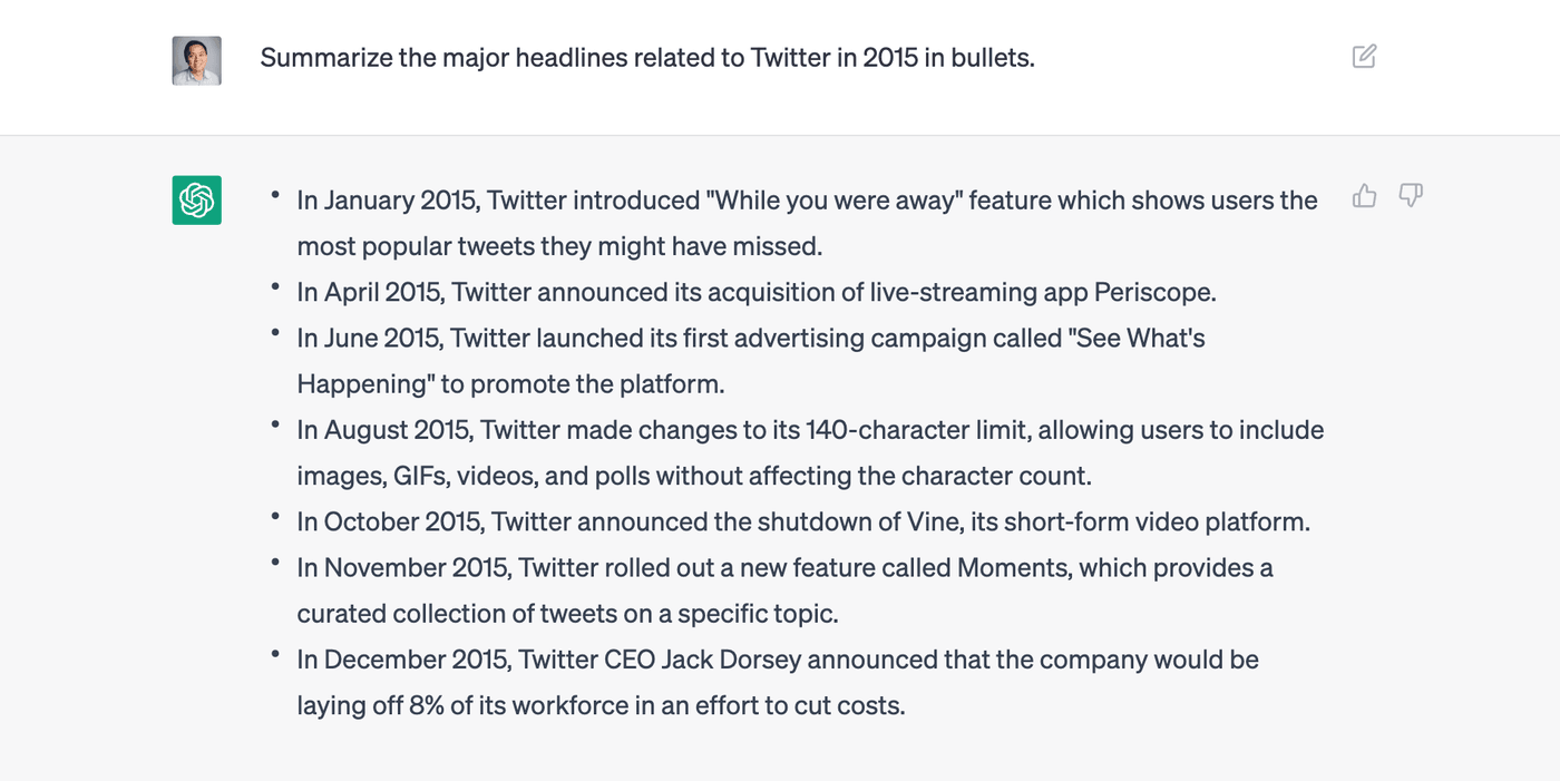 A screenshot of a question to ChatGPT asking it to summarize the major headlines about Twitter in 2015