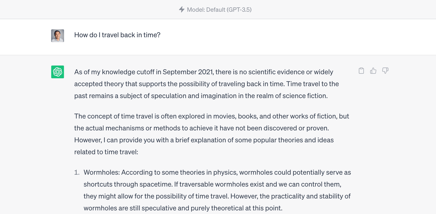 A screenshot of a question to ChatGPT asking it how to time travel