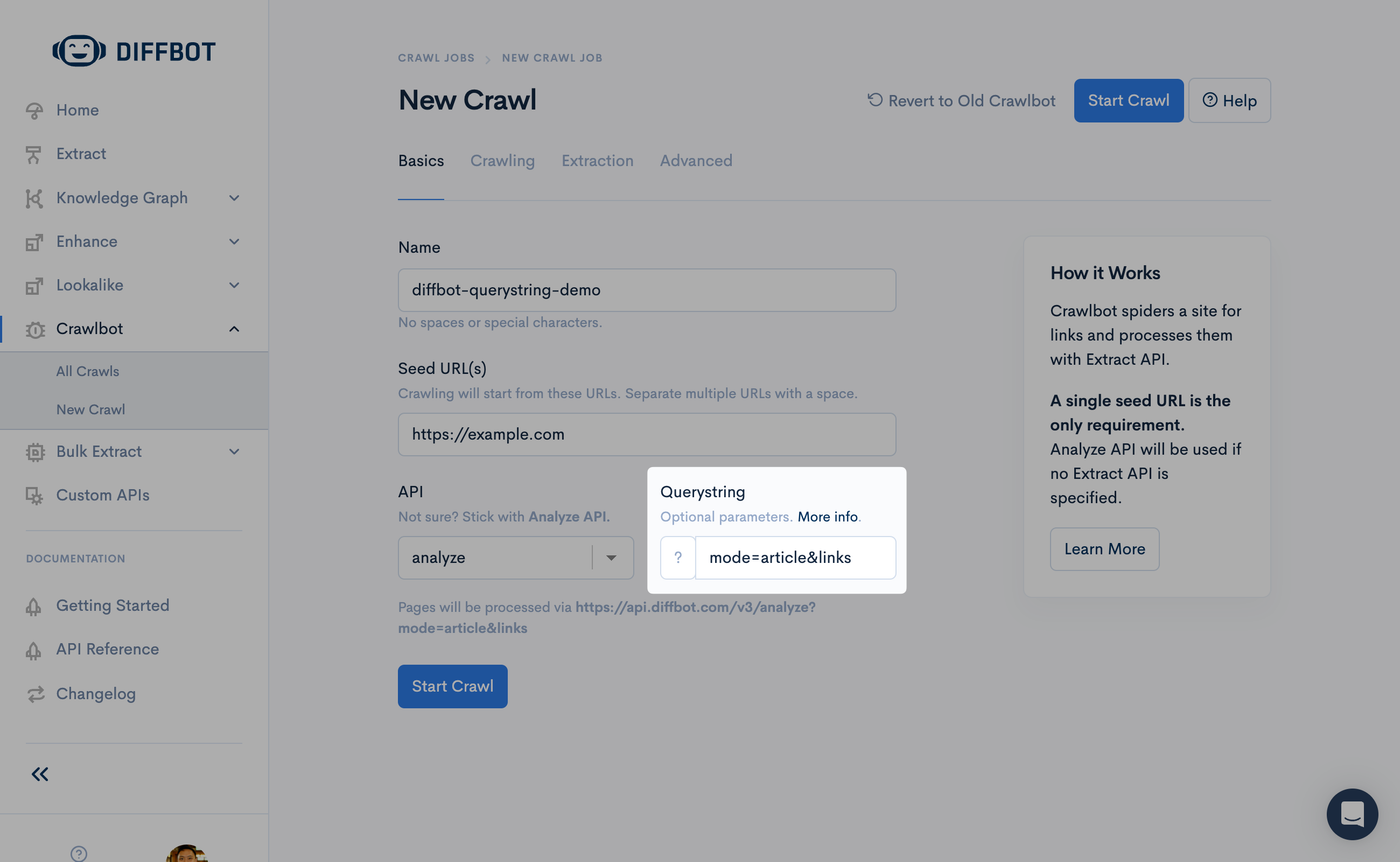 Screenshot of a New Crawl in the Diffbot Dashboard. The Querystring form field has its value set to "mode=articlelinks".