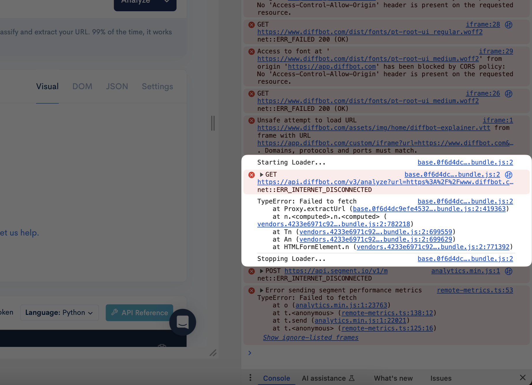 Console log showing a "Failed to fetch" error immediately after an ERR_INTERNET_DISCONNECTED error
